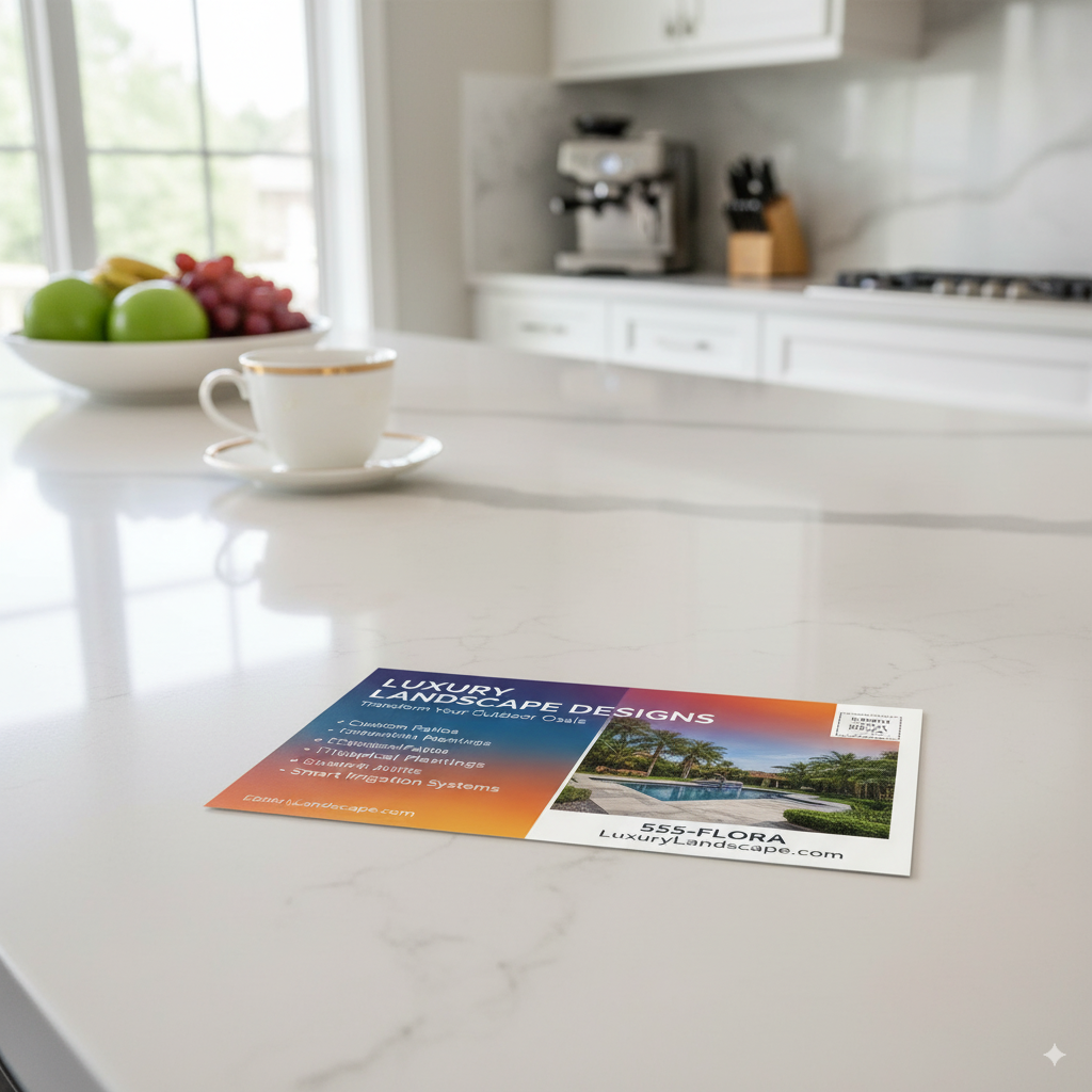 Direct mail postcard on a clean kitchen countertop next to a coffee cup and fruit bowl.