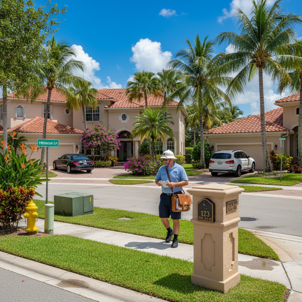 USPS mail carrier delivering letters in a suburban Florida neighborhood with palm trees and large homes.