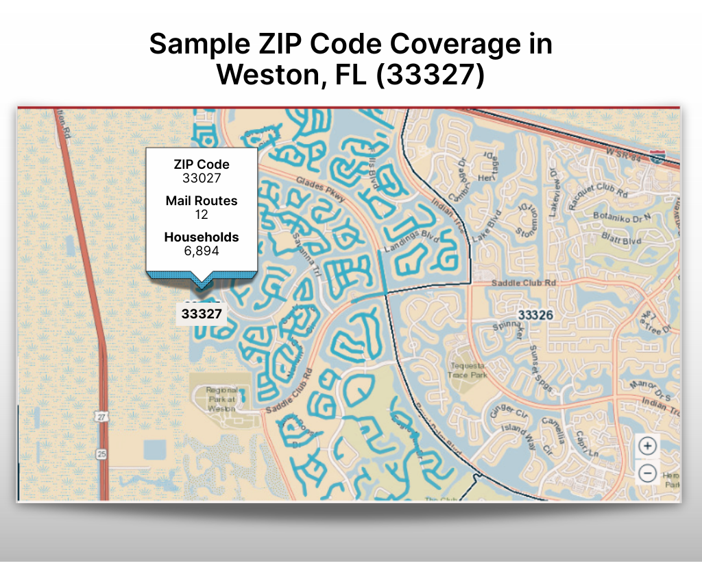Map showing ZIP code 33327 coverage in Weston, FL with highlighted mail routes, displaying household count and delivery area.