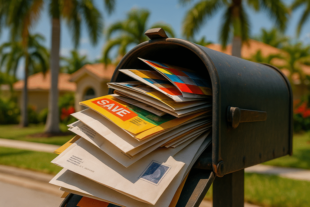 Stuffed suburban mailbox filled with colorful direct mail postcards and envelopes, representing Every Door Direct Mail delivery in South Florida.