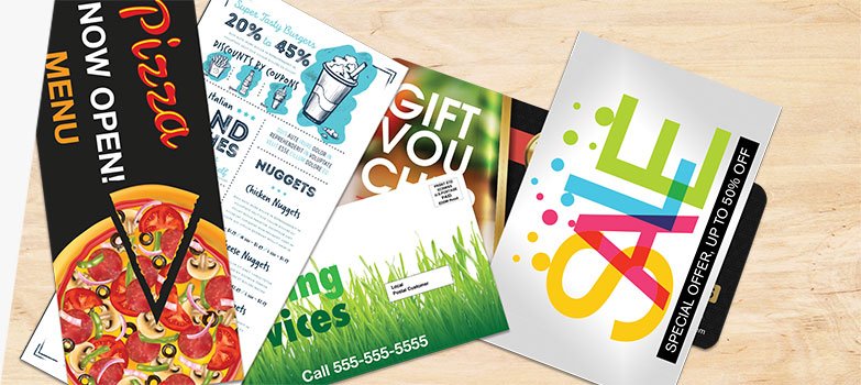 A spread of colorful direct mail postcards from The Zip Digest, including restaurant menus, coupons, gift vouchers, and sale promotions.