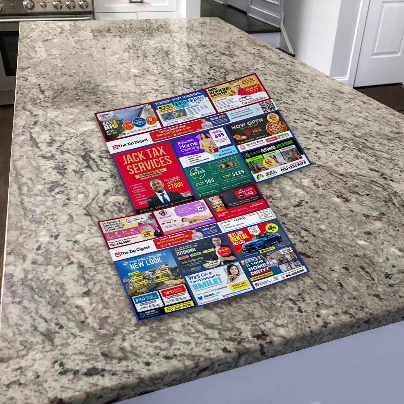 Two shared direct mail postcards featuring multiple South Florida businesses, designed for USPS Every Door Direct Mail delivery.